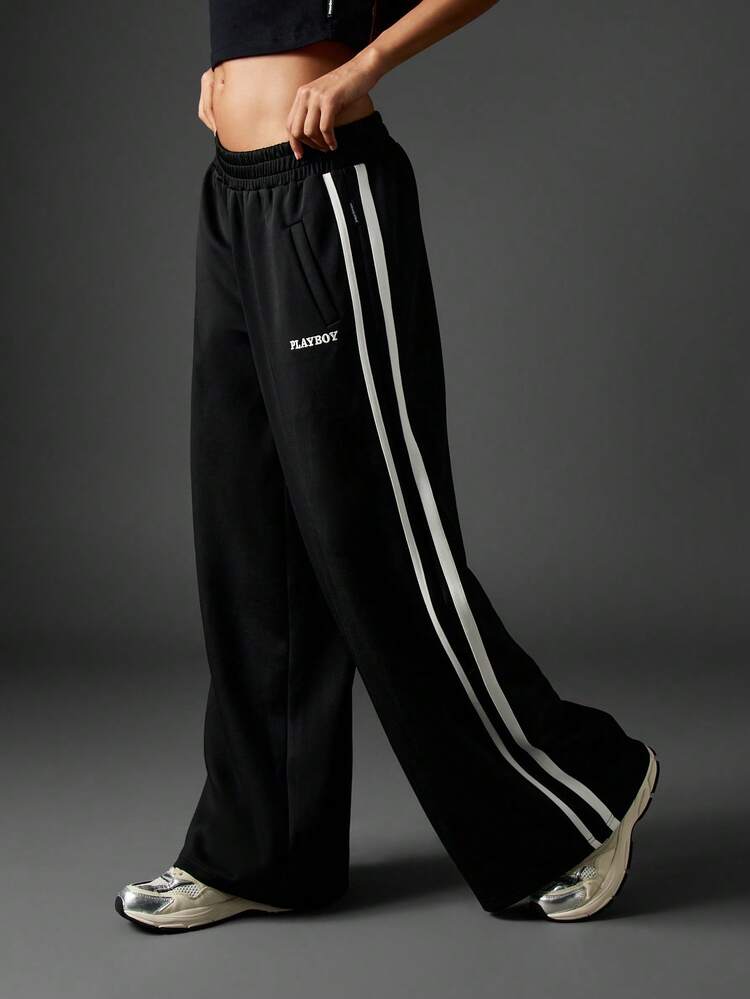 Missguided x Playboy Oversized Wide Leg Joggers With Side Stripe Detail For Casual Streetwear Lounging Comfort