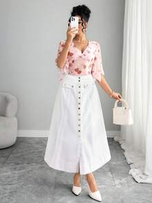 Elenzga Gonna di jeans mini casual e versatile con bottoni frontali in colore unito - Bianco - Visualizzare 3
