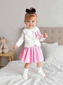 SHEIN Autumn/Winter Baby Girl 3-Piece Set: Long Sleeve Knit Turtleneck Top + White Fuzzy Vest + Skirt - White - View 8