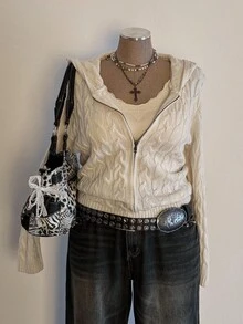 Sunspun Plus Size Women Textured Knit Hooded Front Zip Cardigan Sweater, Suitable For Autumn/Winter, Back To School/Commuting Outfits Fall