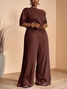 Veslaya 2025 春夏新款优雅派对、约会、晚会、毕业典礼纯卡其色修身单肩褶饰不对称连体裤，编织纹理面料，女式加大码长款连体裤 - 棕色 - 查看 6