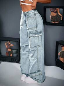 SHEIN ICON 女士休闲洗水工装阔腿牛仔裤 - 淺色水洗藍 - 查看 3