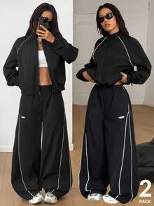 Coolane Women's Fall/Winter Streetwear Athleisure Cargo Going Out Casual Corta Vento Reflective Lapel Coat And Parachute Pants Cargo Pants,2pcs Y2k - Black - View 3
