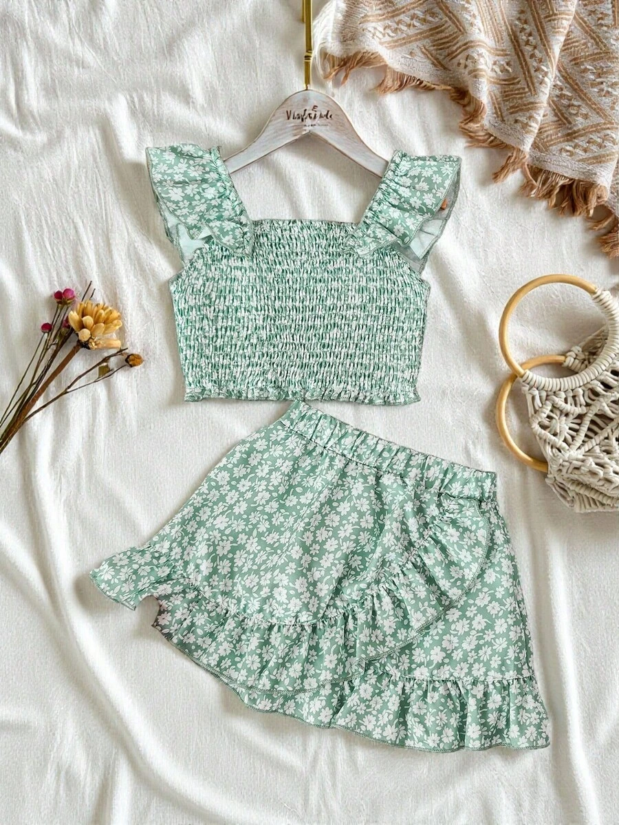 SHEIN 女婴 0-3 岁碎花荷叶边上衣和裙子两件套，春夏季度假休闲装 - 藍色 - 查看 1