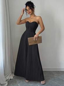 Elenzga 女士休闲浪漫褶饰腰部连体裤 - 黑色 - 查看 4