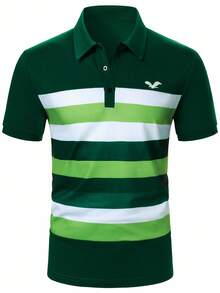 Calvornis Men's Casual Striped Print Button-Up Polo Shirt - Multicolor - View 4