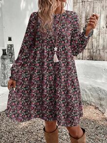 EMERY ROSE 休闲花卉图案圆领长袖优雅女士中长连衣裙，适合春秋季 - 紫色 - 查看 5