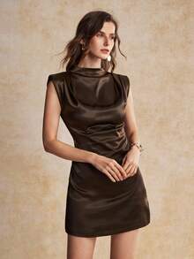 House of One Mini Draped Mock Neck Solid Satin Dress With Shoulder Pads Women Summer Autumn Elegant Dress