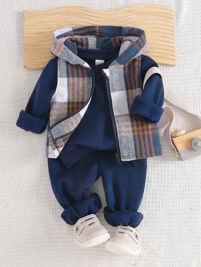SHEIN Playful Pals 男婴格子背心+卫衣休闲套装，连帽保暖拉链外套搭配圆领套头卫衣和保暖裤，复古韩版休闲套装，适合秋冬户外穿着。男婴冬季套装，男婴格子背心套装，男婴冬季服装，男婴连帽衫套装，秋季