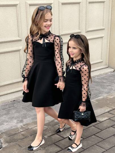 SHEIN 年轻女孩优雅波尔卡圆点网眼拼布纯色镂空荷叶边腰长袖连衣裙，适合圣诞节、万圣节派对、新年、毕业季、黑色连衣裙、感恩节