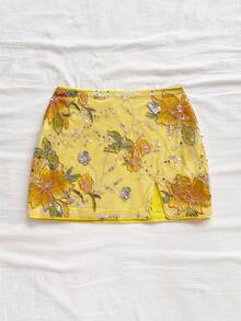 Soleia 派对外出波西米亚风连衣裙休闲亮片半身裙女士优雅亮片花卉刺绣A字裙，夏季 - 黃色 - 查看 3