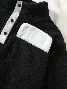 Genkimix Kids 2 件套小男孩宽松毛茸茸夹克 + 宽松运动裤黑色对比套装 - 黑色 - 查看 5