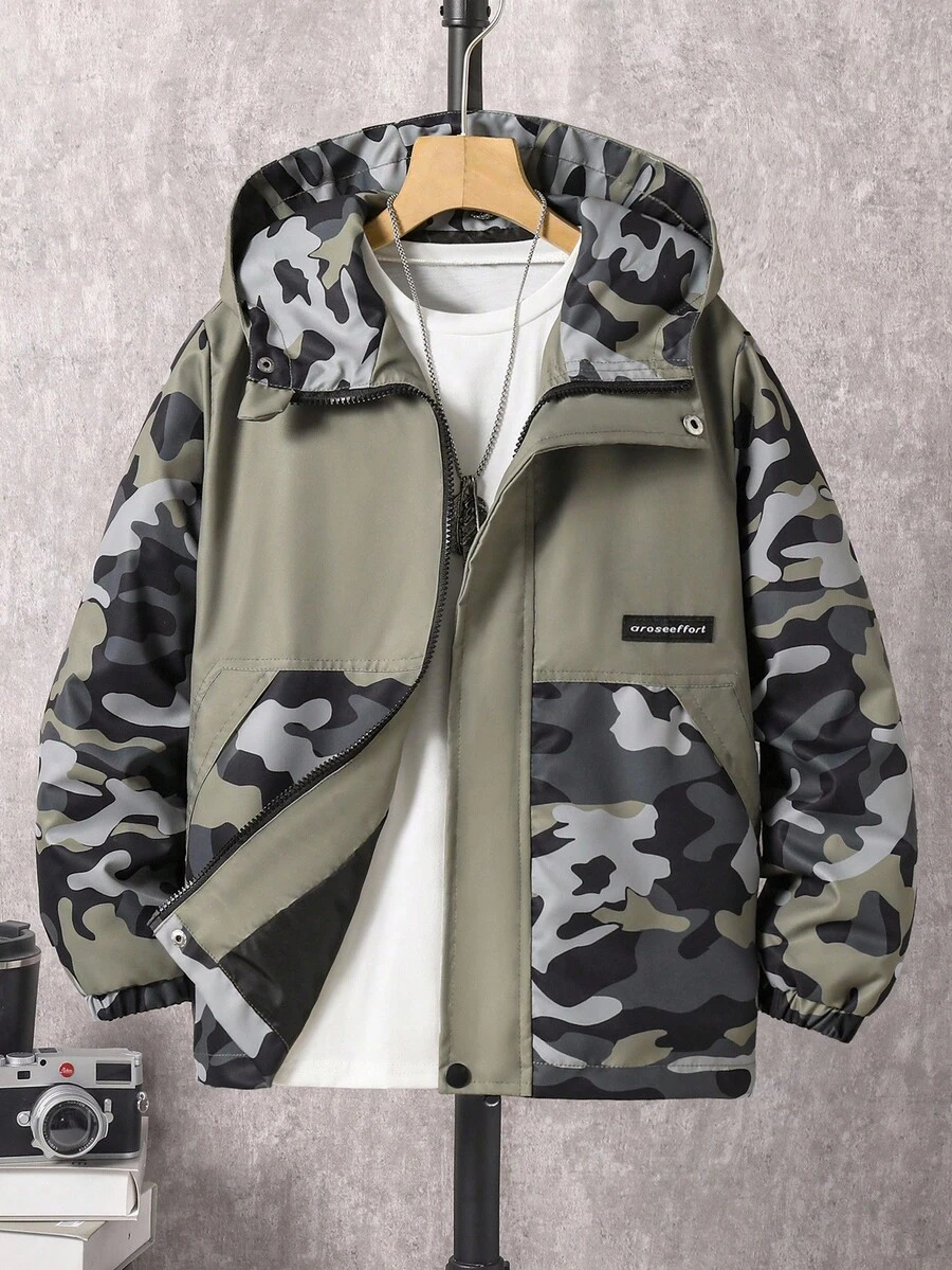 Tween Jungen Camouflage Patchwork Langarm Reißverschluss Kapuzenjacke, Herbst