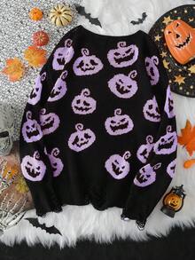 Lunelith SHEIN Lunessa Funny Ghost & Pumpkin Jacquard Knit Crew Neck Casual Pullover Sweater For Halloween