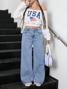 SHEIN Spodnie dresowe dla nastolatek z prostym, przecieranym denimem, z podszewką termiczną i luźnym krojem, ciepłe ubrania na jesień/zimę, codzienne jeansy z wysokim stanem, uniwersalne jeansy z szerokimi nogawkami Y2k, stroje nauczycielskie dla dziewcząt, stroje do szkoły dla dziewcząt, sukienki do kościoła, biznesowe, casualowe stroje dla dziewcząt, jeansowa sukienka cargo, luźne spodnie dla dziewcząt na jesień i zimę, jeansy z wysokim stanem i długimi, szerokimi nogawkami dla nastolatek, styl uliczny, jeansy z podszewką termiczną, ciepłe jeansy, luźne jeansy, luźne jeansy