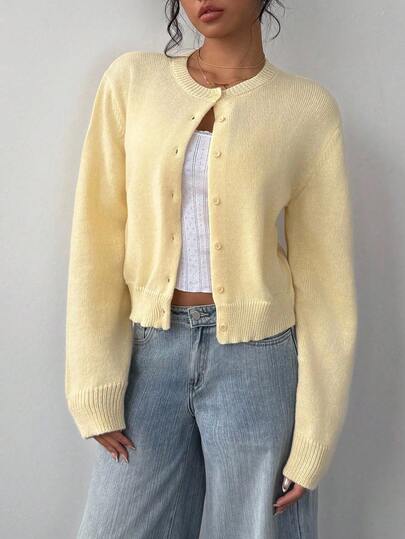 SHEIN Teen Girls Yellow Cardigans Knitwear Casual Solid Color Round Neck Long Sleeve Loose Cropped Girl Cardigan Sweater, Warm Comfort, Cozy Chic, Daily Commute,Halloween,Fall,Winter,Autumn,Christmas,Y2k,Summer