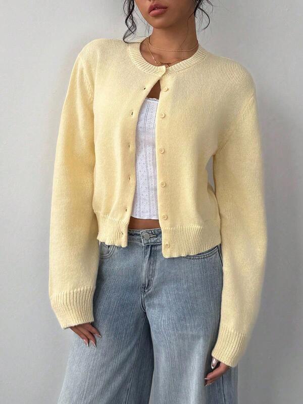 SHEIN Teen Girls Yellow Cardigans Knitwear Casual Solid Color Round Neck Long Sleeve Loose Cropped Girl Cardigan Sweater, Warm Comfort, Cozy Chic, Daily Commute,Halloween,Fall,Winter,Autumn,Christmas,Y2k,Summer