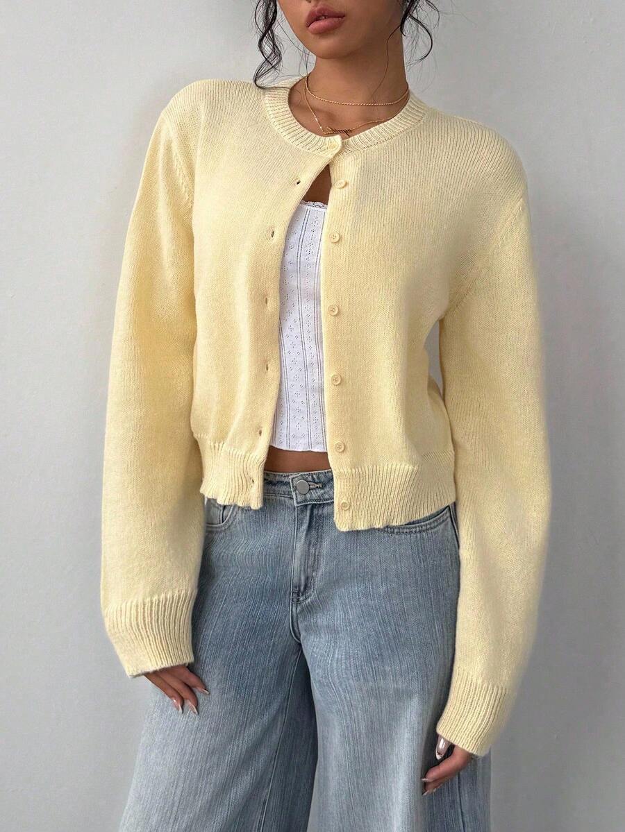 SHEIN Teen Girls Yellow Cardigans Knitwear Casual Solid Color Round Neck Long Sleeve Loose Cropped Girl Cardigan Sweater, Warm Comfort, Cozy Chic, Daily Commute,Halloween,Fall,Winter,Autumn,Christmas,Y2k,Summer
