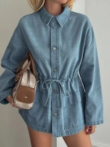 Livesso Women's Collared Cinched Waist Tie Denim Jacket - Blue - View 5