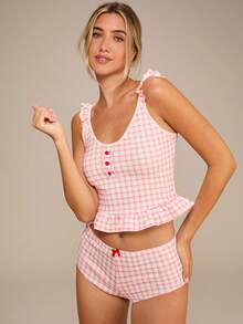 Enchnt 2 件套女士内衣套装，吊带背心和短裤，可爱 - 粉色 - 查看 5