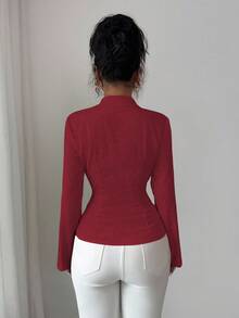 Elenzga New Women's Lapel Long Sleeve Jacquard Woven Open Front Waist Ruched Waist Design Casual Vacation Daily Versatile Commute Elegant Lady Blazer - Burgundy - View 2