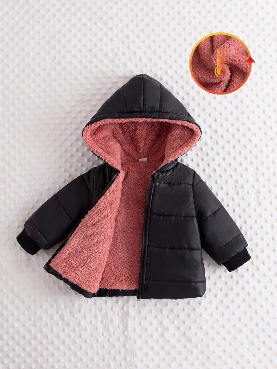 SHEIN 1pc Infant/Toddler Unisex Black Hooded Long Sleeve Padded Coat With Pink Plush Lining, Winter Fashion Simple Design Suitable For Daily School Wear Fall - Black - View 1