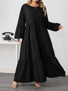 SHEIN CURVE+ Plus Size Women's Spring Summer Solid Round Neck Lantern Sleeve Ruffle Hem Loose Casual Dress Maxi Women Outfit/Autumn /Winter