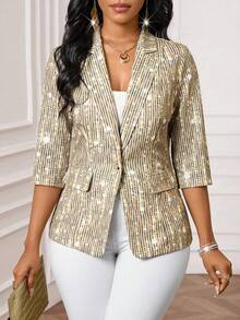 SHEIN Lady 女士亮片翻领3/4袖时尚优雅秋冬薄款夹克 - 彩色 - 查看 8