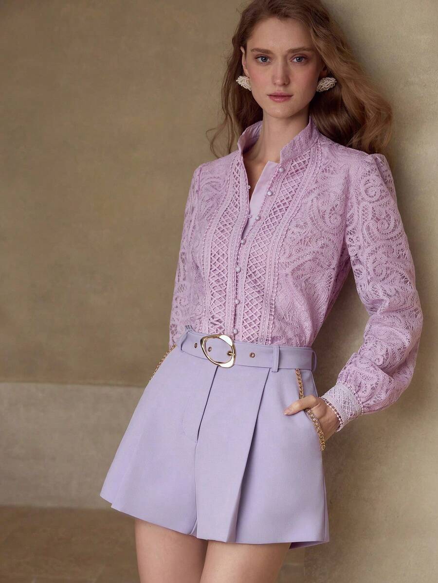 MOTF PREMIUM ÁO BLOUSE CẮT NÚT REN TƯƠNG PHẢN - Màu tím hoa cà - Xem 1