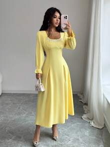 Rafferiza Vestido elegante de unicolor con decoración de rhinestones para mujer - Amarillo - Ver 3