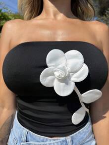 Manon Tanti Áo Bandeau đi nghỉ cho nữ, eo nhún, áo cánh bó họa tiết hoa 3D, lớp lót thu đông, trang phục dự tiệc và thường ngày - Đen và trắng - Xem 3