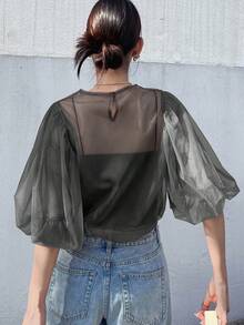 FRIFUL 女式纯棕色圆领泡泡袖透视网眼宽松休闲分层上衣