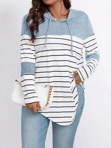 Linhara Plus Size Color Block Striped Hooded Casual T-Shirt Graphic Tees Women Tops Fall Cloth For Women - Blue - View 6