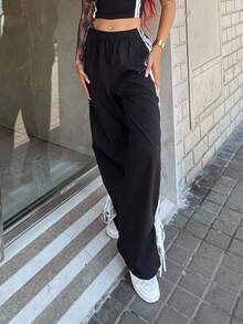 Bearsaez Women's Color Block Belt Simple Daily Long Pants - Black - View 5