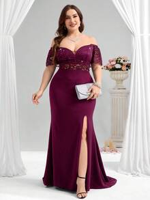 Coutiva Plus Size Formal Evening Gown (Heavily Embellished) - Red Violet - View 3