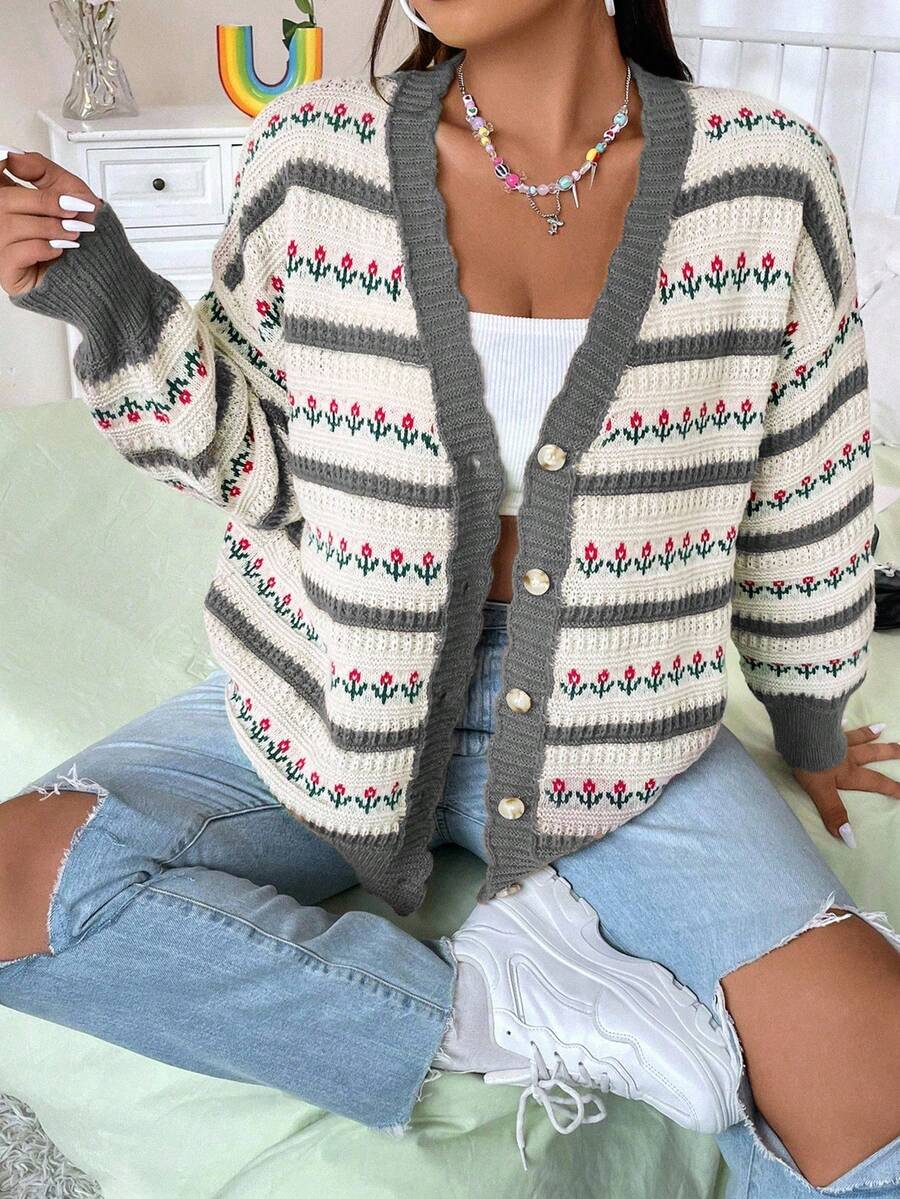 Flirla 大码女式休闲度假风优雅撞色碎花纽扣开衫,秋冬 - 灰色 - 查看 1