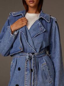 Athîral 女士时尚长款牛仔夹克，秋季 - 藍色 - 查看 5