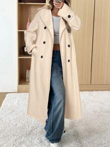 SHEIN EZwear 女式杏色立领双排扣休闲大衣，秋冬 - 杏色 - 查看 3