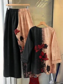 Linhara 大码撞色花卉印花衬衫和裤子两件套 - 彩色 - 查看 2