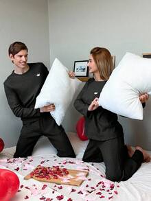 EURMUSE Cotton Men'S Ribbed Knit Homewear Set - Black - View 2