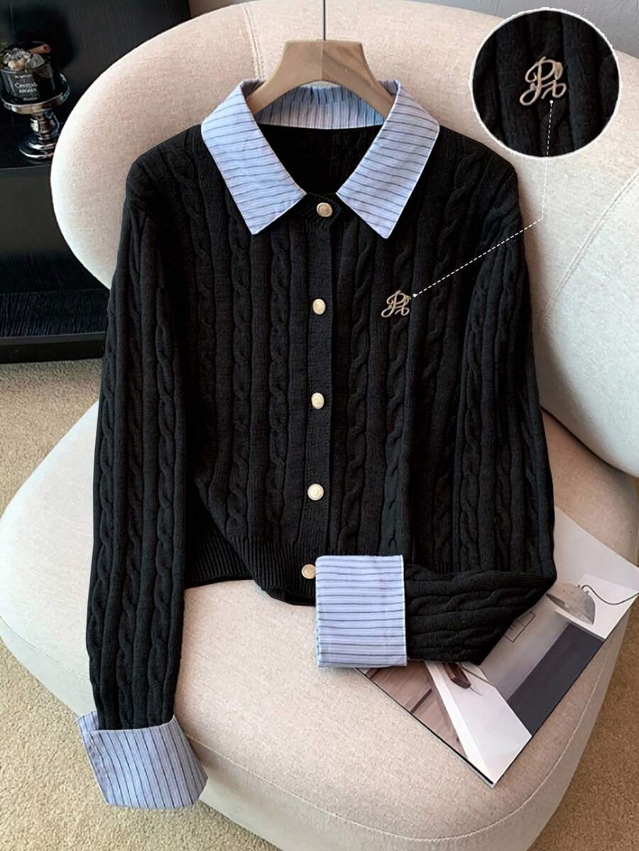 Franclia Fashionable Blogger-Inspired 2 In 1 Patchwork Knit Cropped Cardigan, European And American Style Cable Knit Cardigan Preppy Clothes Women Button Up Cardigan Collared Cardigan Cardigan Sweater