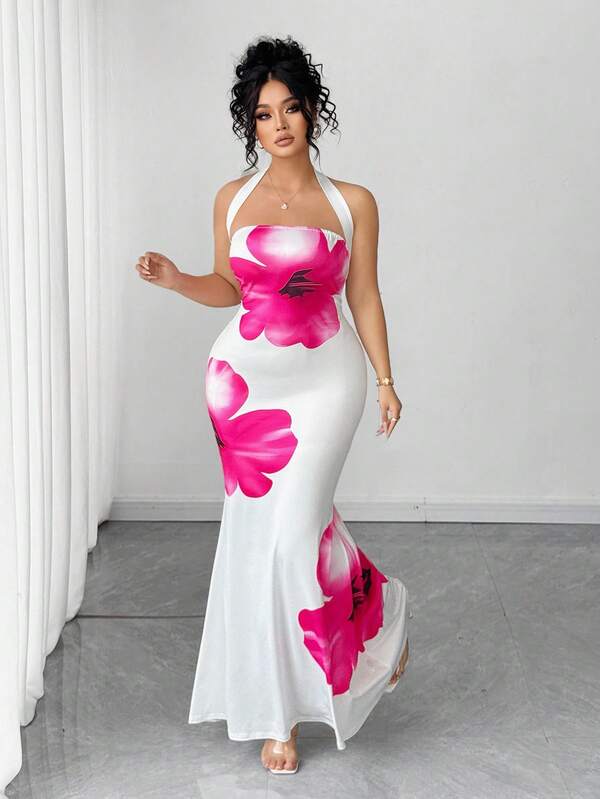 Elenzga Plus Size Women's Fashionable White Base Pink Floral Knit Elegant Maxi Dress, Suitable For Back To School, Graduation, Holidays, Valentine's Day, Music Festivals, Mother's Day, Halloween, Thanksgiving, Easter, National Day, Dances, Dates, Parties, Weddings, Outings