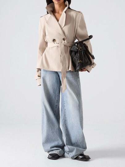 LYSMO 秋冬女士纯色翻领长袖双排扣休闲风衣