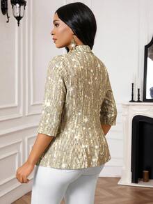 SHEIN Lady 女士亮片翻领3/4袖时尚优雅秋冬薄款夹克 - 彩色 - 查看 2