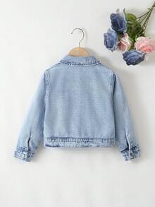 Elladie kids 女童休闲复古浅色水洗牛仔夹克，带心形口袋，面料舒适柔软，时尚日常穿着，年轻女孩外套 - 淺色水洗藍 - 查看 2