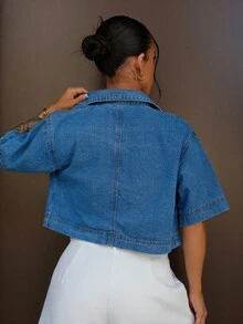 SAYEHFBABY 休闲度假短袖短款牛仔夹克 - 中等水洗藍 - 查看 2