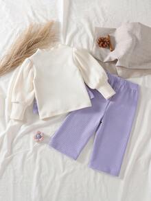 SHEIN 2025年女婴时尚新款紫色二合一长袖上衣和裤子套装，可爱3D花卉图案，舒适面料，专属户外服装 - 紫色 - 查看 2