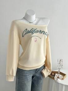 Elamini 女士不对称领字母刺绣宽松休闲运动衫，适合秋冬季 Y2K - 杏色 - 查看 5