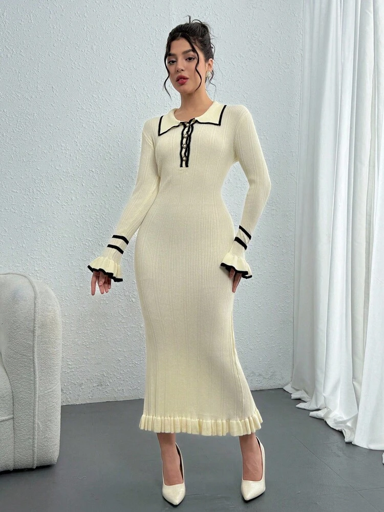 Women's Elegant Color Block Trim Flare Sleeve Fitted Knit Dress, Autumn Sweater Dress