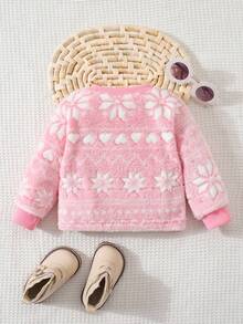 SHEIN Baby Girl Fashionable Flannel Heart & Snowflake Pattern Top, Autumn/Winter Fall - Pink - View 2